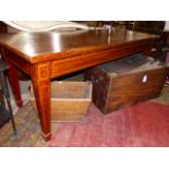 A LARGE LATE VICTORIAN/EDWARDIAN MAHOGANY SERVING TABLE ON INLAID SQUARE TAPERED LEGS. W.214 x D.