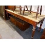 A LATE VICTORIAN PINE LONG KITCHEN TABLE ON TURNED LEGS. 214x68cms.