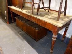 A LATE VICTORIAN PINE LONG KITCHEN TABLE ON TURNED LEGS. 214x68cms.