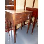 AN INLAID MAHOGANY REGENCY ONE DRAWER LAMP TABLE WITH OPPOSING DUMMY DRAWER ON SLENDER RING TURNED