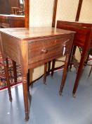 AN INLAID MAHOGANY REGENCY ONE DRAWER LAMP TABLE WITH OPPOSING DUMMY DRAWER ON SLENDER RING TURNED