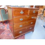 AN INLAID MAHOGANY LATE GEORGIAN CHEST OF FIVE DRAWERS, TWO OVER THREE STANDING ON BRACKET FEET. H.