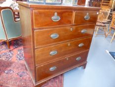 AN INLAID MAHOGANY LATE GEORGIAN CHEST OF FIVE DRAWERS, TWO OVER THREE STANDING ON BRACKET FEET. H.