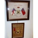 TWO COMMEMORATIVE NEEDLEWORK PANELS BOTH WITH INSET PORTRAIT PHOTOGRAPHS SURROUNDED BY FLAGS.