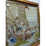 A VICTORIAN NEEDLEPOINT PICTURE OF TRAVELLERS LOOKING OUT TO SEA IN MAPLE FRAME AND DATED 1861. 63 x