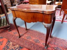 A CARVED MAHOGANY 18th.C. LIFT TOP TEA TABLE, SERPENTINE SHAPE, DISHED TOP OPENING TO FITTED
