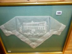 A FRAMED GROUP OF STITCH SAMPLES, A FINE LACE HANDKERCHIEF BIBLIOTEQUE ST.PETERSBERG SIGNED ANNIE