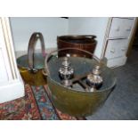 A LISTER COOPERED OAK BUCKET, TWO BRASS JAMPANS, A QUANTITY OF CAMPANOLOGY BELLS,ETC.