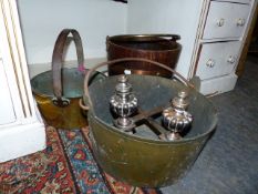 A LISTER COOPERED OAK BUCKET, TWO BRASS JAMPANS, A QUANTITY OF CAMPANOLOGY BELLS,ETC.