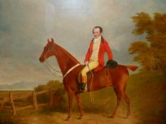 EARLY 19th.C.ENGLISH SCHOOL. EQUESTRIAN PORTRAIT OF A GENTLEMAN IN HUNT ATTIRE, OIL PANEL,