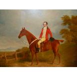 EARLY 19th.C.ENGLISH SCHOOL. EQUESTRIAN PORTRAIT OF A GENTLEMAN IN HUNT ATTIRE, OIL PANEL,