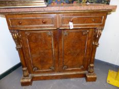 AN EARLY 19th.C.CARVED GILTWOOD AND BURR OAK GRANITE TOP SIDE CABINET WITH TWO FRIEZE DRAWERS