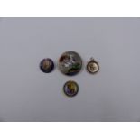 FOUR VARIOUS ENAMELLED COINS DATED 1821,1887 x 2 AND AN 1892, MOUNTED AS PENDANT AND BROOCHES AND