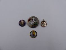 FOUR VARIOUS ENAMELLED COINS DATED 1821,1887 x 2 AND AN 1892, MOUNTED AS PENDANT AND BROOCHES AND