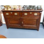 AN 18th.C.OAK AND INLAID SMALL DRESSER WITH TWO DRAWERS OVER TWIN PANEL DOORS. W.137 x H.83cms.