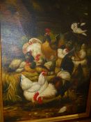 A DECORATIVE PAINTING OF CHICKENS, OIL ON CANVAS, 41 x 31cms.