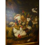 A DECORATIVE PAINTING OF CHICKENS, OIL ON CANVAS, 41 x 31cms.