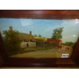EARLY 20th.C.SCHOOL. A THATCHED COTTAGE AND FARMYARD, INITIALLED W.H.W. AN OIL ON BOARD TOGETHER