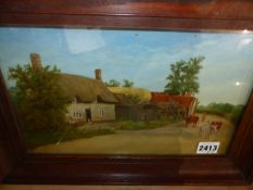 EARLY 20th.C.SCHOOL. A THATCHED COTTAGE AND FARMYARD, INITIALLED W.H.W. AN OIL ON BOARD TOGETHER