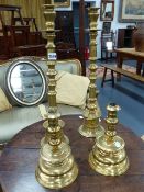 TWO PAIRS OF 17th.C.STYLE BRASS CANDLESTICKS.