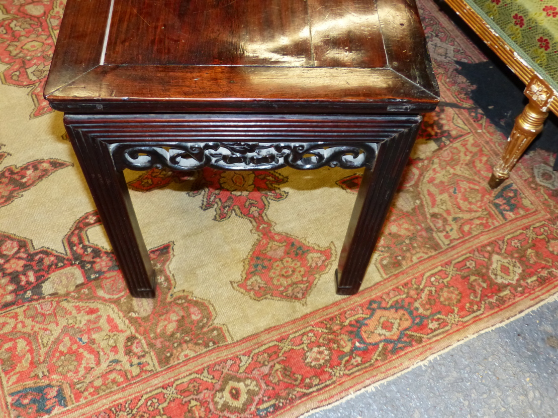 TWO CHINESE CARVED HARDWOOD SQUARE STANDS WITH PIERCED FOLIATE APRONS AND MOULDED STRAIGHT LEGS. - Image 8 of 17