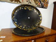 TWO VICTORIAN PAPIER MACHE LARGE OVAL TRAYS WITH GILT AND PAINTED DECORATION.