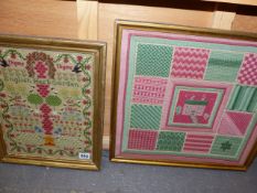 AN UNUSUAL NEEDLEPOINT PANEL OF A HERB GARDEN AND A SAMPLE STITCH PANEL WITH CENTRAL COTTAGE.