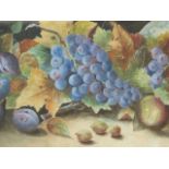 MARION MEARNS (19th/20th.C.) TABLE TOP STILL LIFE OF FRUIT, SIGNED WATERCOLOUR. 33 x 76cms.