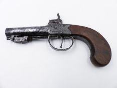 A 19TH CENTURY PERCUSSION POCKET PISTOL BY MORTIMER, LONDON WITH SPRING OPERATED SPIKE BAYONET BELOW