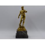 A SILVER GILT FIGURE OF NEPTUNE AFTER THE ANTIQUE STAMPED 800 ON A STEPPED MARBLE BASE. H. (