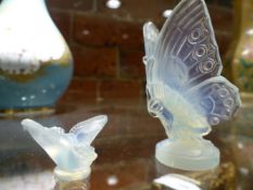 A SABINO OPALESCENT MOULDED GLASS FIGURE OF A BUTTERFLY (H.7.5cms) AND ANOTHER OF A SMALL BIRD, BOTH