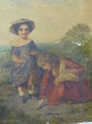 19th.C.ENGLISH SCHOOL. CHILDREN GATHERING FLOWERS IN A RURAL SETTING, OIL ON CANVAS, UNFRAMED. 31