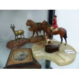 A BLACK FOREST CARVED ST. BERNARD DOG, A COFFIN FORM SNUFF BOX,ETC.