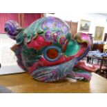 A GOOD LARGE ANTIQUE CARVED WOOD FAIRGROUND RIDE ROOSTER HEAD RECOVERED FROM WHITE'S BAR, HIGH