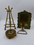 A FRENCH EMPIRE ORMOLU AND MARBLE RING STAND, AN ORMOLU MOUNTED SHAGREEN EASEL BACK PHOTO FRAME, A