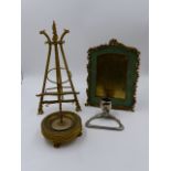 A FRENCH EMPIRE ORMOLU AND MARBLE RING STAND, AN ORMOLU MOUNTED SHAGREEN EASEL BACK PHOTO FRAME, A