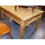 AN ANTIQUE PINE KITCHEN OR SCULLERY TABLE WITH END DRAWER ON SQUARE LEGS. W.87 x L.167 cms.