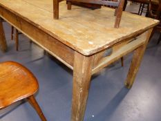 AN ANTIQUE PINE KITCHEN OR SCULLERY TABLE WITH END DRAWER ON SQUARE LEGS. W.87 x L.167 cms.