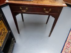 A GEO.III.COUNTRY OAK SIDE TABLE WITH FRIEZE DRAWER ON SQUARE TAPER LEGS. W.75cms.