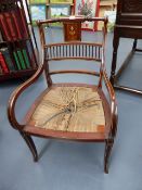 AN EDWARDIAN MAHOGANY AND INLAID SALON ARMCHAIR.