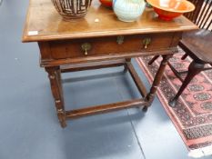 AN EARLY 18th.C.OAK SIDE TABLE WITH SINGLE DRAWER TURNED LEGS AND STRETCHER BASE. W.76cms.