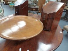 A VICTORIAN CIRCULAR DISHED TOP MAHOGANY LAZY SUSAN, (D.50cms) AND AN INLAID CONVERTED GEORGIAN