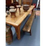 A VICTORIAN PINE KITCHEN SCULLERY TABLE ON SQUARE TAPERED LEGS. L.210 x W.75cms.