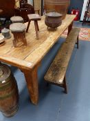 A VICTORIAN PINE KITCHEN SCULLERY TABLE ON SQUARE TAPERED LEGS. L.210 x W.75cms.