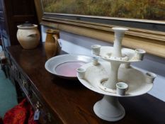 FOUR PIECES OF STUDIO POTTERY TO INCLUDE A SHALLOW BOWL BY JOHN DUNN, D.44.5cms, A JUG BY A & S