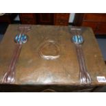 AN ART NOUVEAU COPPER AND IRON COAL BOX WITH RUSKIN STYLE ROUNDELS.