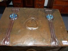 AN ART NOUVEAU COPPER AND IRON COAL BOX WITH RUSKIN STYLE ROUNDELS.