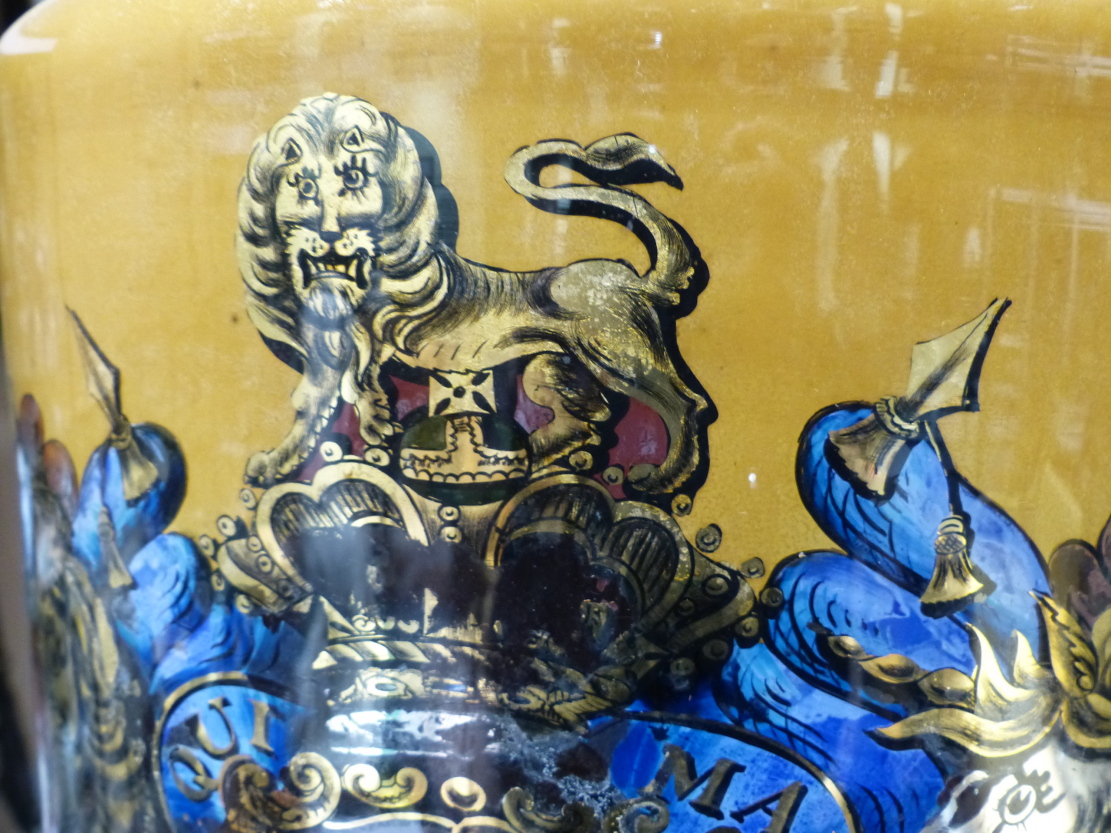 A LARGE VICTORIAN GILT AND POLYCHROME DECORATED GLASS APOTHECARY JAR WITH COVER, ORDER OF THE GARTER - Image 4 of 26