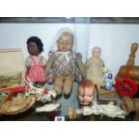SIX VARIOUS VINTAGE DOLLS, A METAL MUFFIN THE MULE PUPPET AND OTHER TOYS.