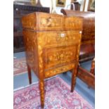 AN ANTIQUE DUTCH MARQUETRY INLAID LIFT TOP WASHSTAND CABINET OF NEOCLASSIC DESIGN, CUPBOARD ABOVE
